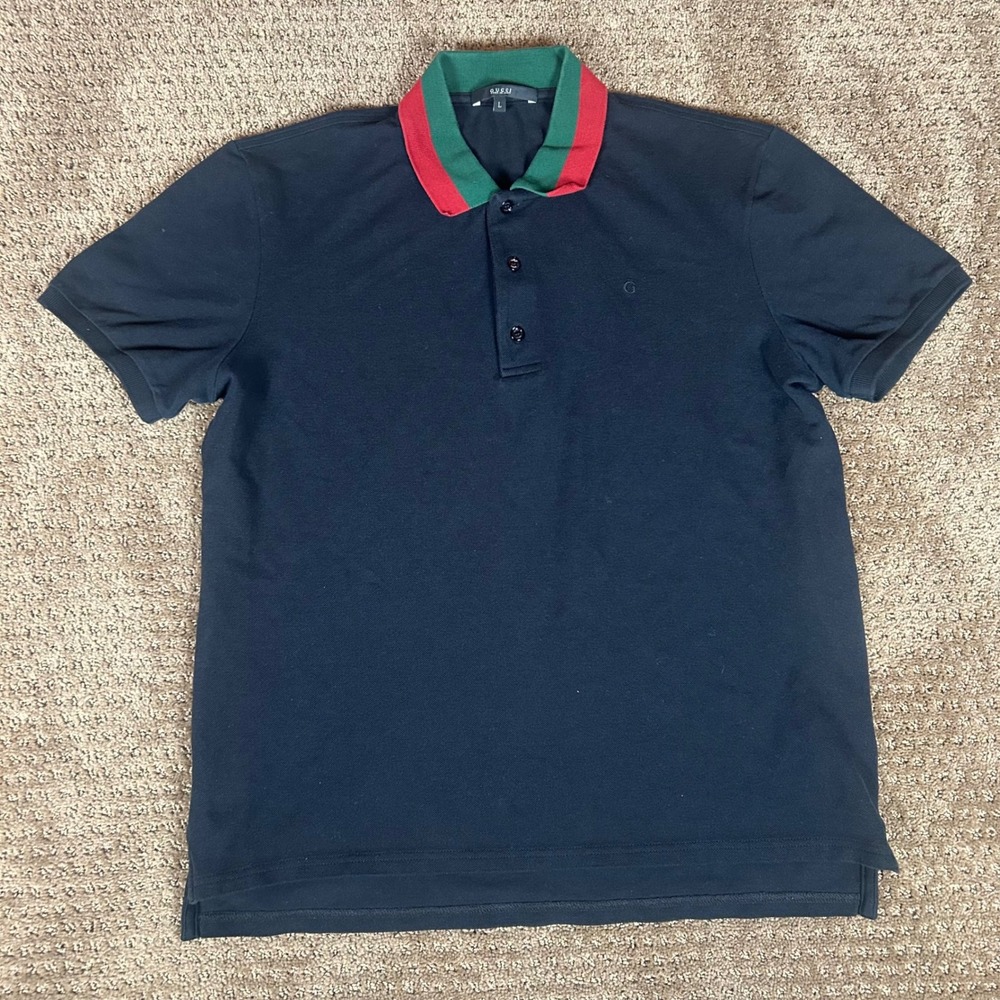 Gucci Polo Shirt Mens L Black Web Stripe Collar Stretch Pique Short Sleeve